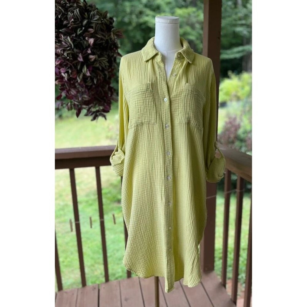 Magaschoni Organic Cotton Gauze Shirt Dress L Chartreuse Pockets Oversized
